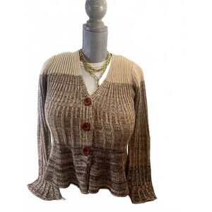 BCBG Max Azria Womens M Gray Brown Cotton Sweater Statement Button Knit Top